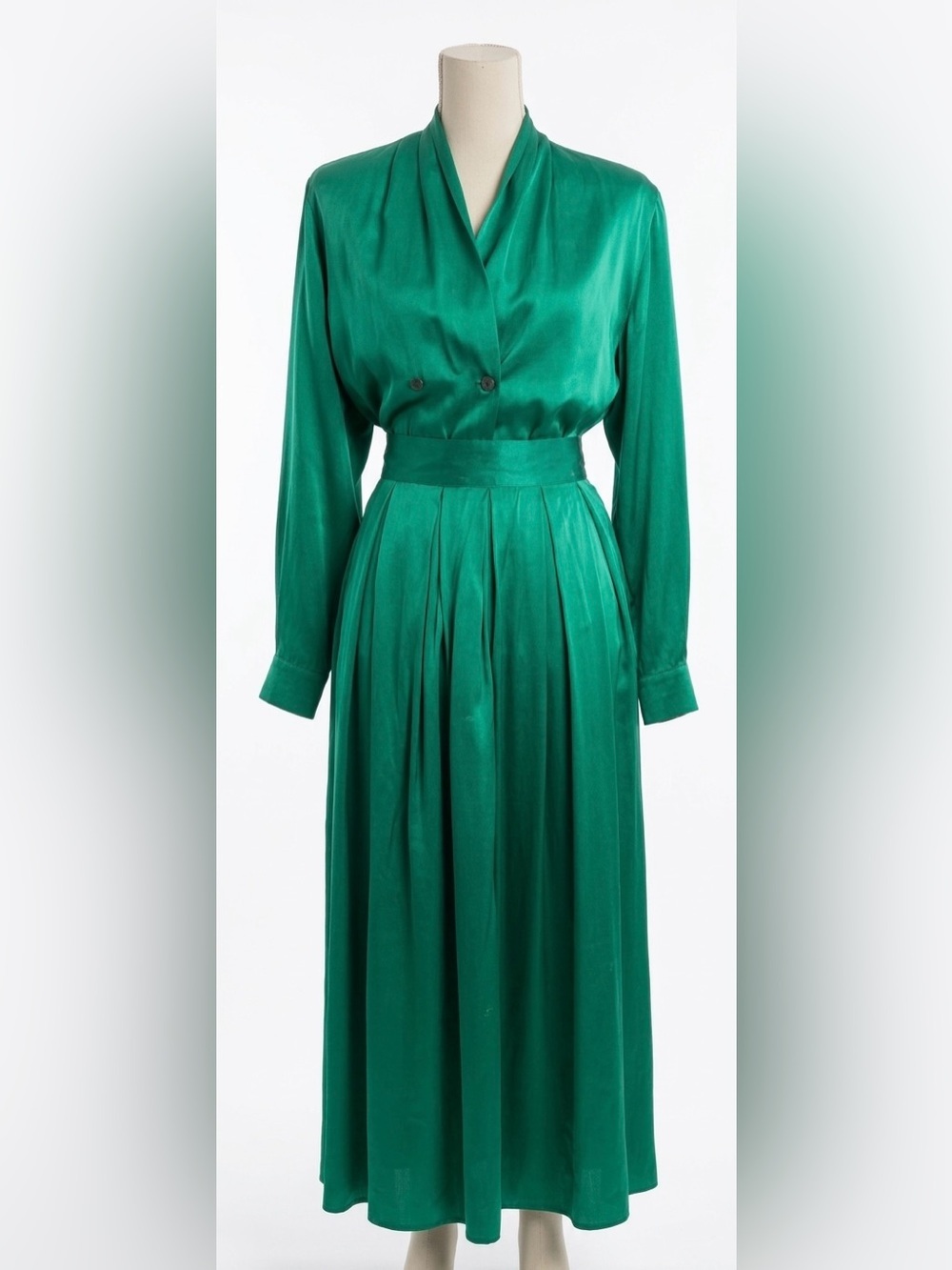 Vintage 80s Jewel Tone Silk Blouse Skirt Set Emerald Green Sz 8